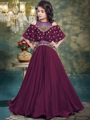 Wine Color Nylon Satin Silk Hand Work & Embroidery Gown
