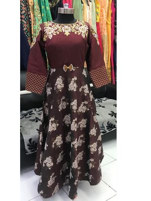 Dark Wine Color Dual Cloth Jacquard Hand Work Gown