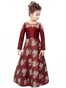 Dark Wine Color Dual Cloth Jacquard Hand Work Gown