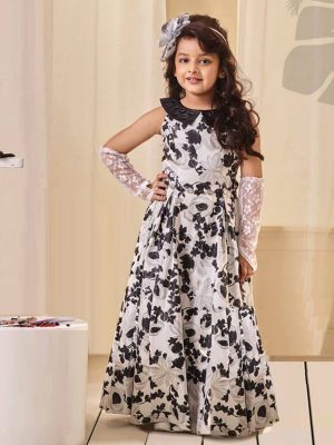 Black & White Color French Crepe With Fusing Hand Work Gown