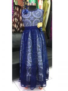 Beige & Navy Blue Color American Crape & Net Embroidered Gown