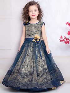 Beige & Navy Blue Color American Crape & Net Embroidered Gown