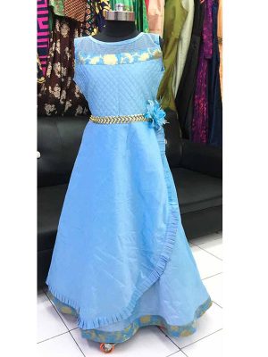 Sky Blue Color Silk Fancy Flower & Chain Gown