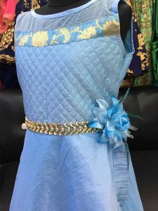 Sky Blue Color Silk Fancy Flower & Chain Gown