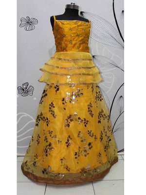 Mustard Yellow Color Organza Hand Work Gown