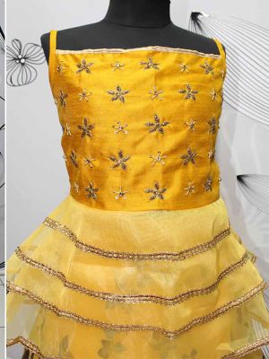 Mustard Yellow Color Organza Hand Work Gown