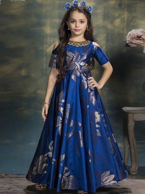 Navy Blue Color Heavy Tafetta Jacquard Hand Work Gown