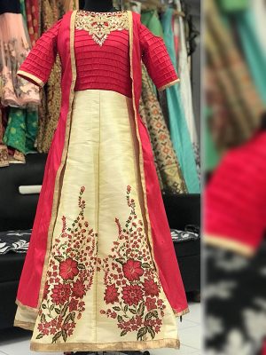 Deep Rani & Beige Color Malbari Silk Hand Work Gown