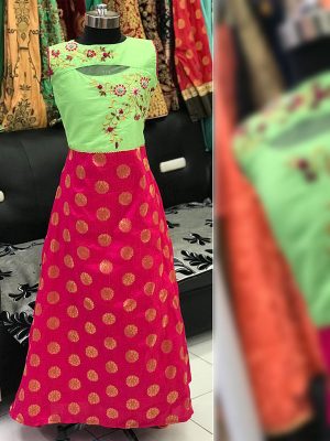 Deep Rani & Parrot Green Color Malbari Silk Hand Work Gown
