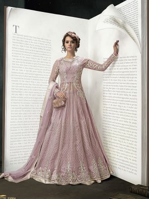 Rose Gold Color Net Zari Embroidery Work Anarkali Suits