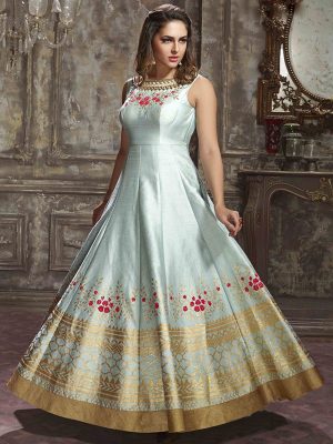 Sky Blue Color Heavy Albela Banglori Silk Embroidery Gown