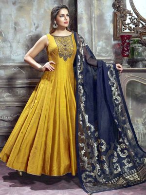 Golden Yellow Color Banglori Silk Embroidery Gown