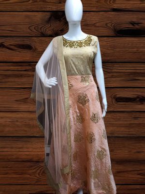 Peach Color Jacquard Heavy Hand Work Gown
