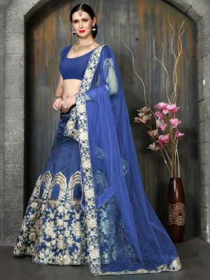 Navy Blue Color Taffeta Silk Embroidered Lehenga Choli With Dupatta