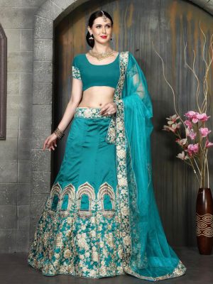 Rama Color Taffeta Silk Embroidered Lehenga Choli With Dupatta