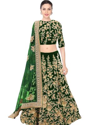 Green Dori Work Velvet Lehenga Choli With Dupatta