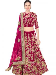 Pink Dori Work Velvet Lehenga Choli With Dupatta