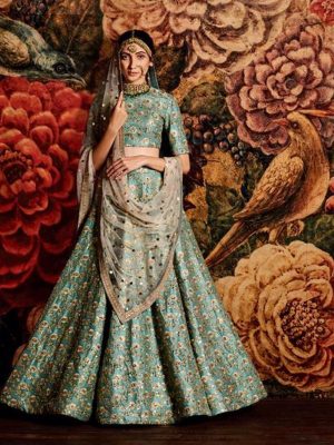 Sea Green Sequins Embellished Raw Silk Lehenga Choli With Dupatta