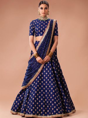 Navy Blue Butti Work Lehenga Choli With Dupatta