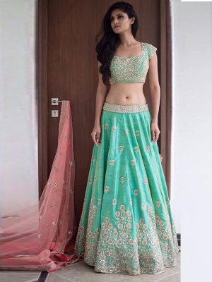 Sea Green Elegance Lehenga Choli With Pink Net Dupatta