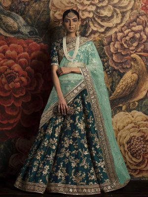 Dark Rama Green Bridal Lehenga Choli With Heavy Lace Work On Dupatta