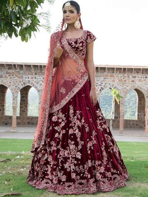 Maroon Kalidaar Silk Velvet Lehenga Choli With Dupatta