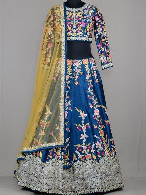 Yale Blue Raw Silk Resham Embroidered Bridesmaids Lehenga