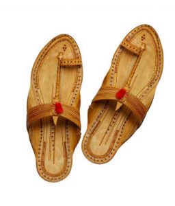 Light Yellow Typical Kolhapuri Chappal With Red Gonda