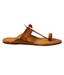 Light Yellow Typical Kolhapuri Chappal With Red Gonda