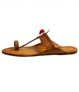 Light Yellow Typical Kolhapuri Chappal With Red Gonda