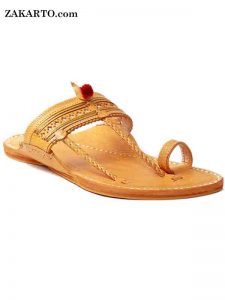 Light Yellow Handcrafted Kapshi Shape Kolhapuri Chappal For Men