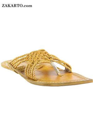 Light Yellow Maharaja Style Five Braided Cross Design Kolhapuri Chappal For Men