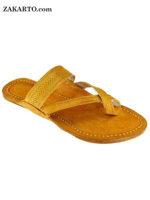 Attractive Cross Belt, Light Yellow Kolhapuri Leather Sandal For Women
