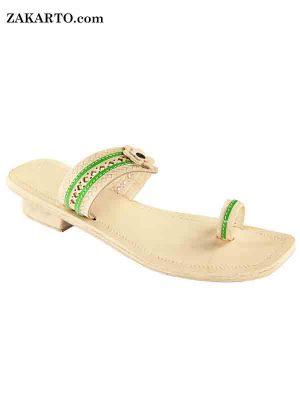 Green Lace And Punching Design Kolhapuri Ladies Chappal