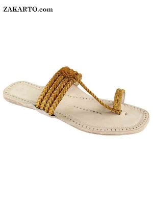 Four Braided And Light Yellow Upper Handcrafted Ladies Sandal