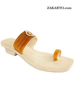 Punching Design Yellow Belt Ladies High Heel Sandal