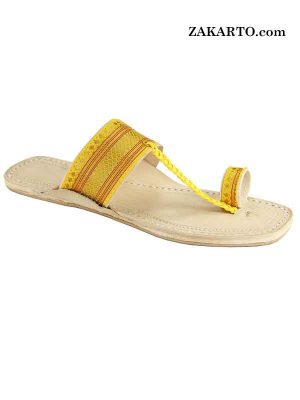 Attractive Yellow Jari Authentic Kolhapuri Chappal For Women