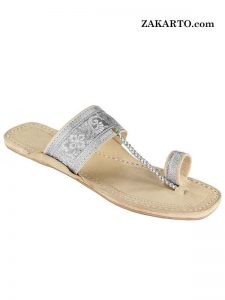 Attractive Silver Jari Upper Authentic Kolhapuri Chappal For Women