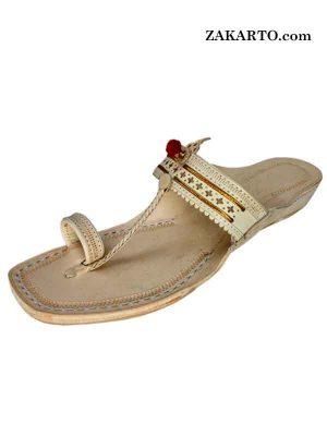 Natural Platform Heel Double Jari And Punching Design Ladies Kolhapuri Chappal