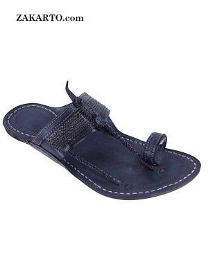 Amazing Black Fine Braids Kapshi Kolhapuri Chappal For Men