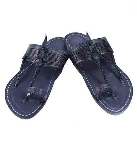 Amazing Black Fine Braids Kapshi Kolhapuri Chappal For Men