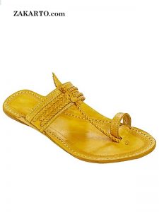 Stunning Yellow Two Big Braids Pointed Kolhapuri Chappal For Men