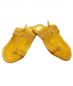 Stunning Yellow Two Big Braids Pointed Kolhapuri Chappal For Men