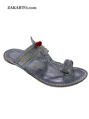 Awesome Grey Kapshi Red Gonda Kolhapuri Chappal For Men