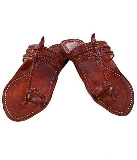 Different Looking Red Brown Pointed Kolhapuri Chappal For Men