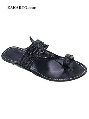 Spectacular Black Five Braids Kolhapuri Chappal For Men