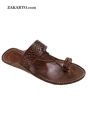 Good Looking Brown Diamond Punching Kolhapuri Chappal For Men