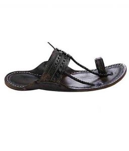 Beautiful Dark Brown Kapshi Shape Diamond Punching Kolhapuri Chappal For Men