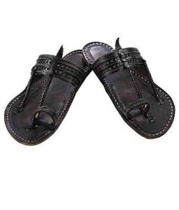 Beautiful Dark Brown Kapshi Shape Diamond Punching Kolhapuri Chappal For Men