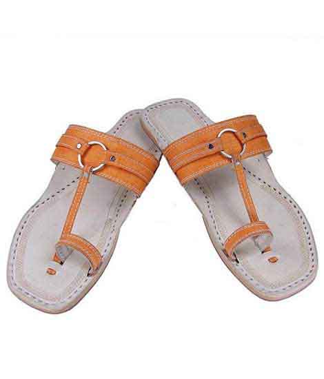 Nice Looking Orange Belt Silver Ring Ladies Kolhapuri Chappal